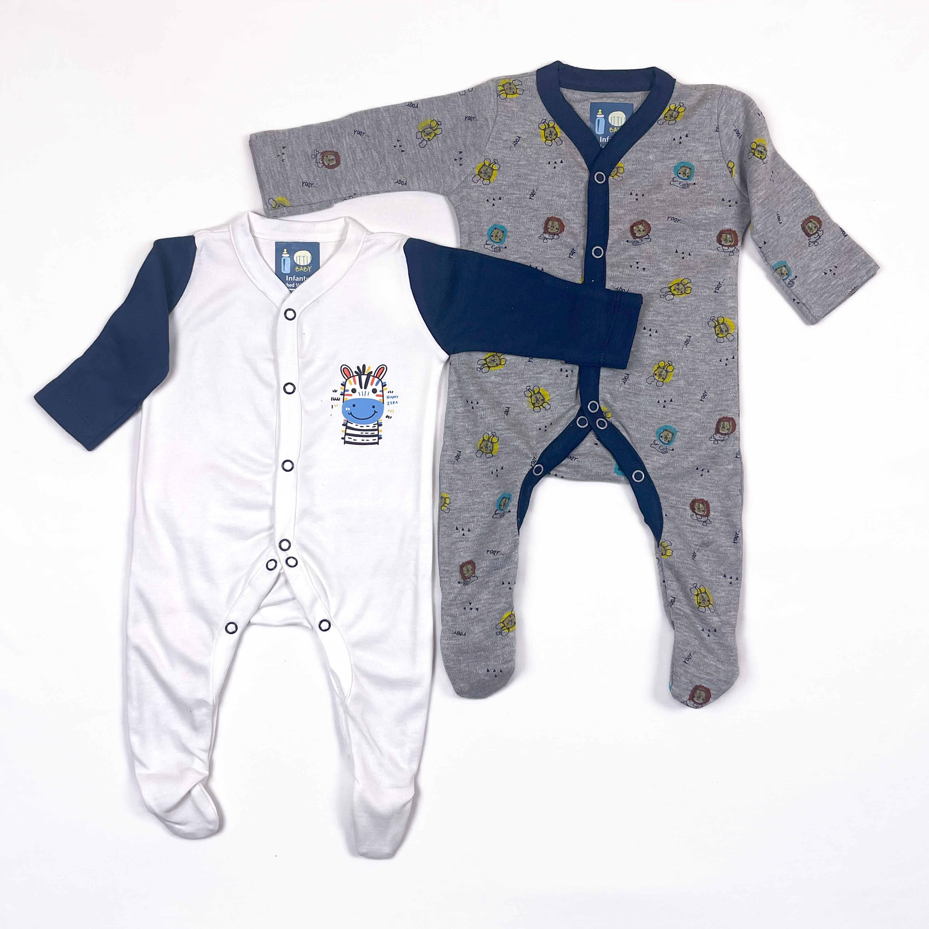 Zebra Theme Sleepsuits White and Grey 2 Pcs Pack