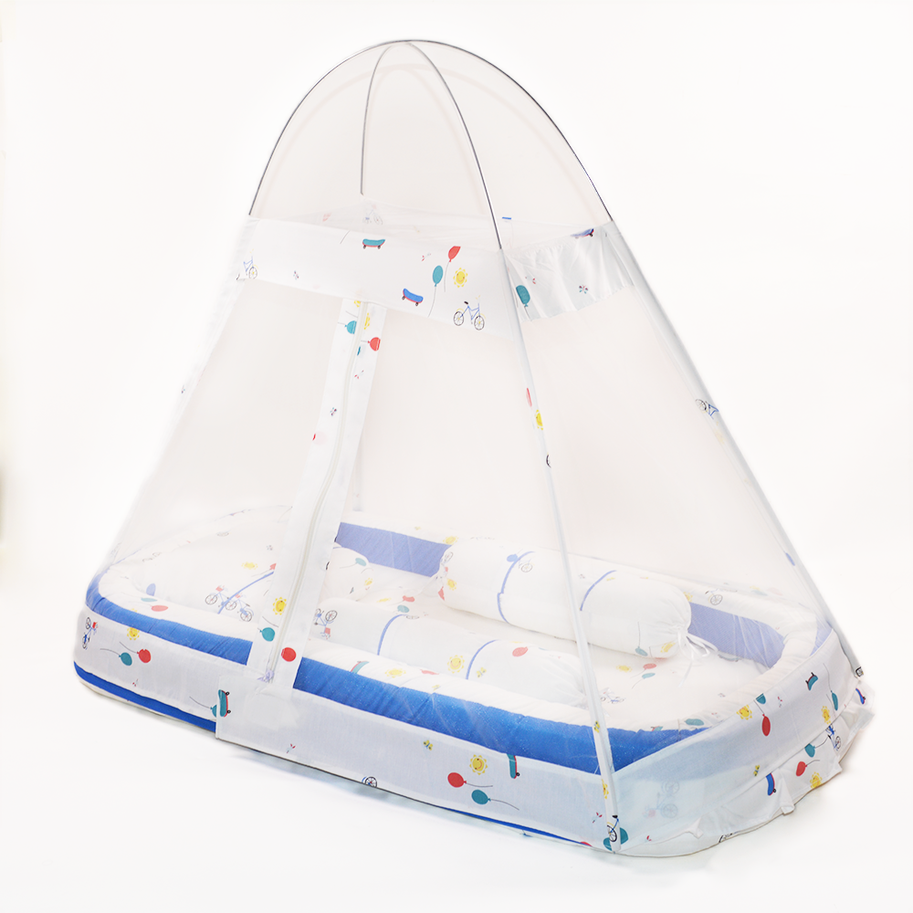 Blue and White Printed Snuggle Bed Set With Mosquito Net