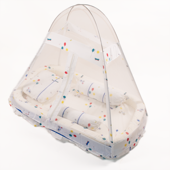 White Printed Snuggle Bed Set With Mosquito Net