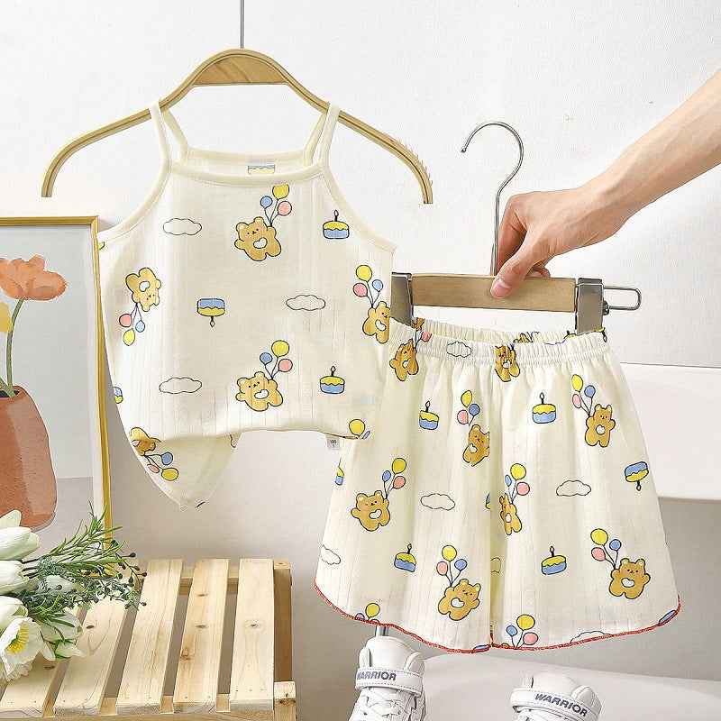 Bear and Flower Pattern Cream Cotton Worsted Suspender Sleeveless Top and Short Dress