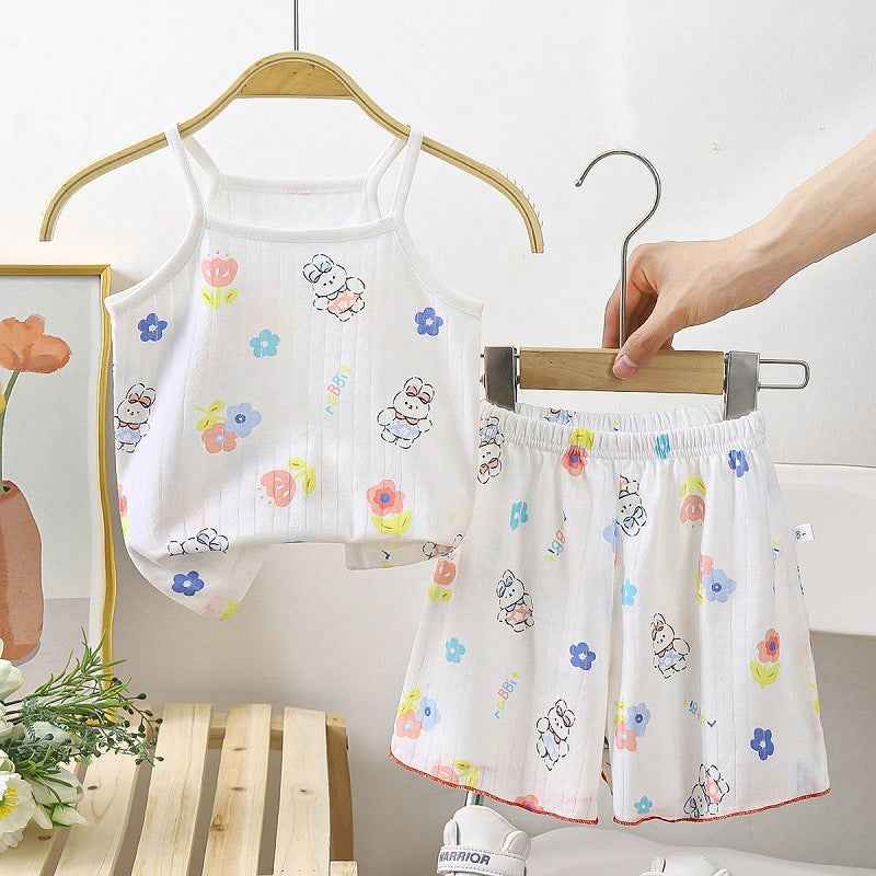 Colorful Flower and Bear Pattern White Cotton Worsted Suspender Sleeveless Top and Short Dress