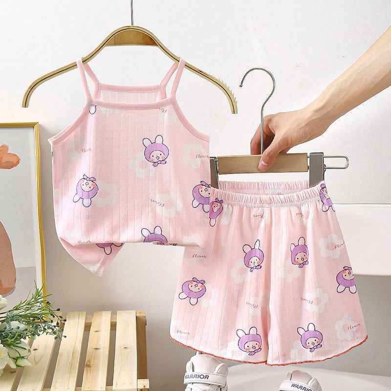 Cartoon Design Pink Cotton Worsted Suspender Sleeveless Top and Short Dress