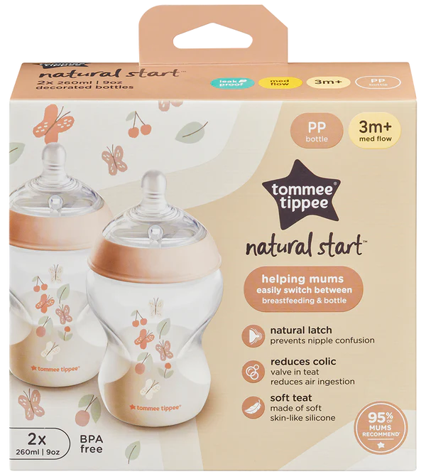 Natural Start Decor PP Bottle with M Teat Pack Of 2 260ML - Tommee Tippee